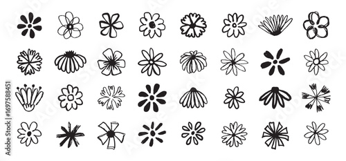 Flowers grunge brush doodle blossom icons set. Flowers Scribble ink hand drawn brush. Chamomile flowers markers crayons icons 