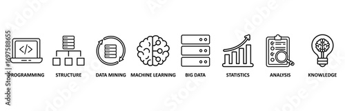 Data science icon set vector illustration for programming, structure, data mining, machine learning, big data, statistics, analysis, knowledge