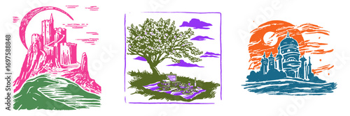 Artistic Illustrations of Castles, Trees, and Landmarks in Nature