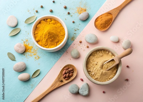 Flat Lay of Turmeric and Sandalwood Powder on Contrast Background