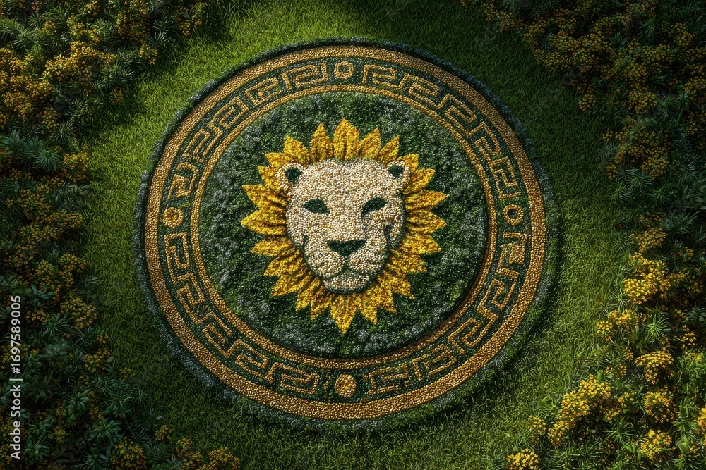 Fototapeta premium Decorative Lion Symbol Surrounded by Floral Patterns in Green Grass