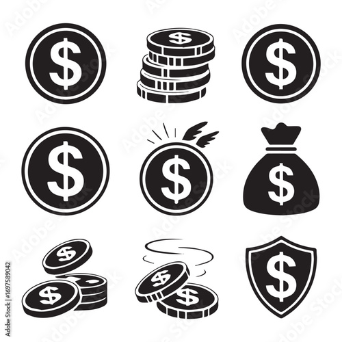 Collection of dollar sign icons representing money, finance, and wealth, isolated on a white background