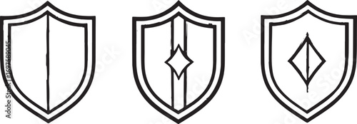 Vector illustration of three shield icons in black and white outline style, minimal security symbol artwork