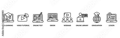 Online education icon set vector illustration for e-learning, video tutorial, online test, ebook, webinar, online library, graduation, lesson