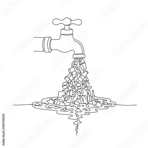 A minimalist line drawing shows a faucet pouring out a stream of plastic bottles and debris, effectively representing the urgent global issue of water contamination.