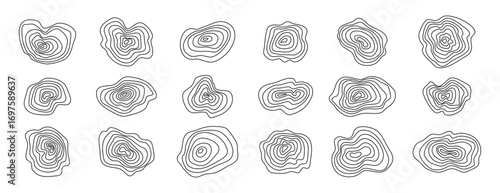 Organic textures of mountains set topographic lines. Abstract wooden round shapes. Vector scribbles