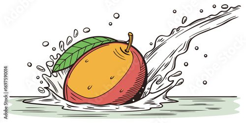 A hyper-realistic image of a ripe mango splashing into clear water. The mango is vibrant, with a smooth gradient of red, orange, and yellow skin, glistening with water droplets. The splash effect is d