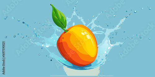 A hyper-realistic image of a ripe mango splashing into clear water. The mango is vibrant, with a smooth gradient of red, orange, and yellow skin, glistening with water droplets. The splash effect is d