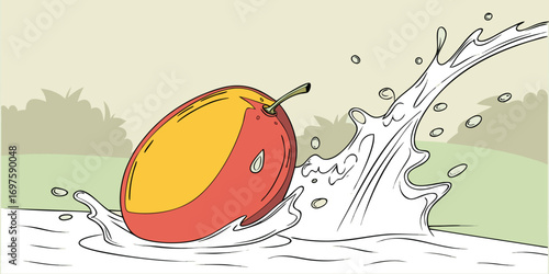 A hyper-realistic image of a ripe mango splashing into clear water. The mango is vibrant, with a smooth gradient of red, orange, and yellow skin, glistening with water droplets. The splash effect is d