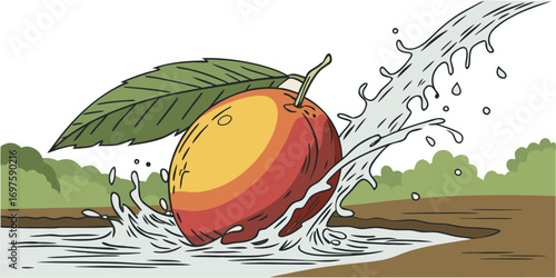 A hyper-realistic image of a ripe mango splashing into clear water. The mango is vibrant, with a smooth gradient of red, orange, and yellow skin, glistening with water droplets. The splash effect is d