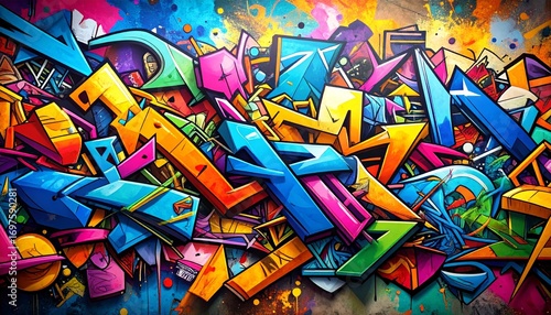 Vibrant cascade of abstract graffiti elements, bursting with urban energy and colorful forms