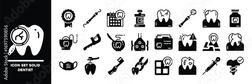 Set of Dentist and Dental Care Solid Icons in Black And White.