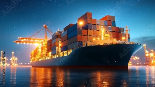 Container ship cargo shipping port night illuminated water transportation logistics industrial reflection export import global freight maritime ocean