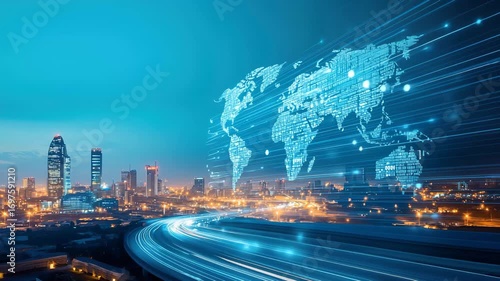 Cityscape Skyline Digital World Map Technology Futuristic Night Urban Innovation with Glowing Data Streams and Global Connectivity Modern Blue Light