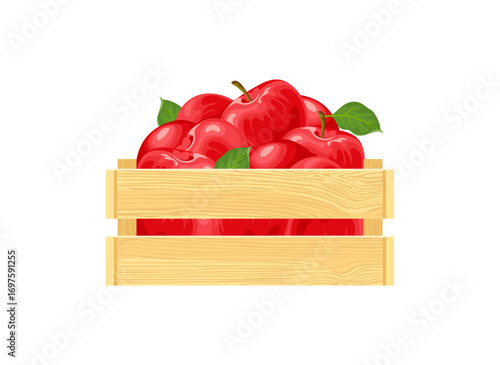 Fresh red apples in wooden box. Seasonal harvest. Vector cartoon flat illustration.