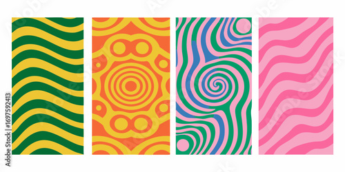 Four vibrant abstract geometric patterns with wavy lines and concentric circles in bright colors