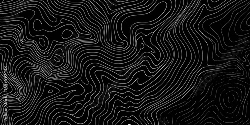 Abstract topographic map lines on a black background with a minimalist white contour design