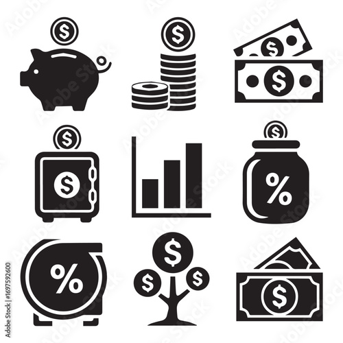 Collection of finance and money icons including piggy bank, coin stack, money bills, safe, growth chart, savings jar, and money tree isolated on white background