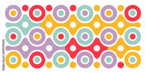 Retro geometric pattern with colorful circles and wavy shapes in a repeating horizontal design
