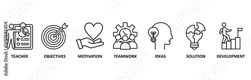 Workshop icon set vector illustration for teacher, objectives, motivation, teamwork, ideas, solution, and development
