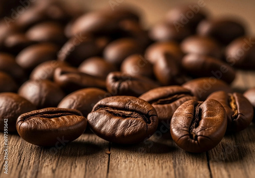 A macro photograph of freshly roasted aromatic coffee beans scattered on a rustic wooden table, ready for brewing