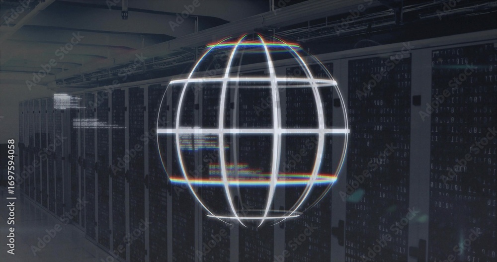 Obraz premium Floating holographic globe hovering inside data center corridor, with server racks and cable trays
