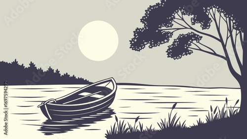 Minimalist Boat on Moonlit Lake Vector Illustration