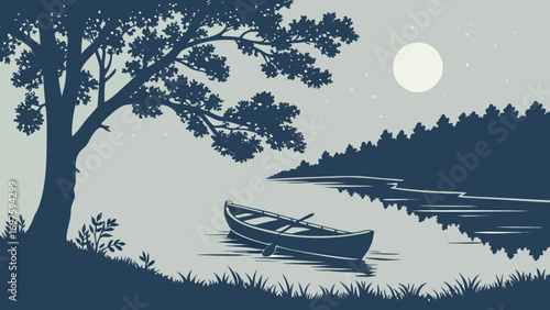 Minimalist Boat on Moonlit Lake Vector Illustration