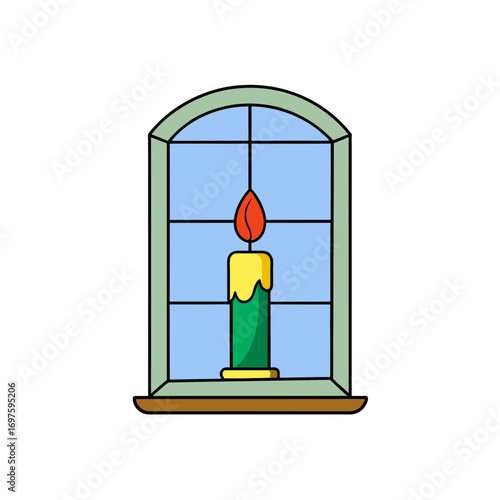 Whimsical cartoon christmas candle in window vector illustration 