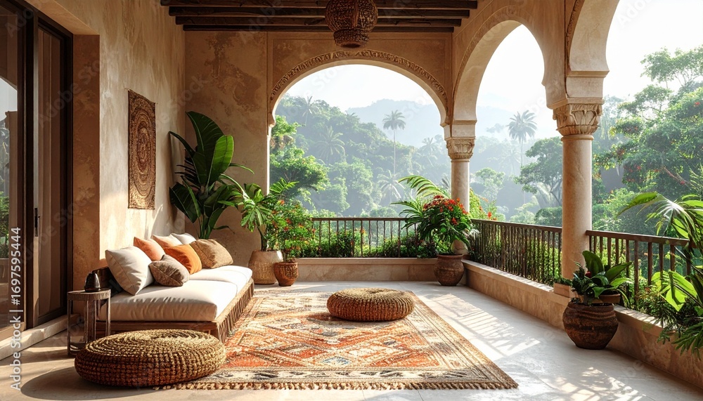 Fototapeta premium Escapism concept,boho design living room with calm tropical view.