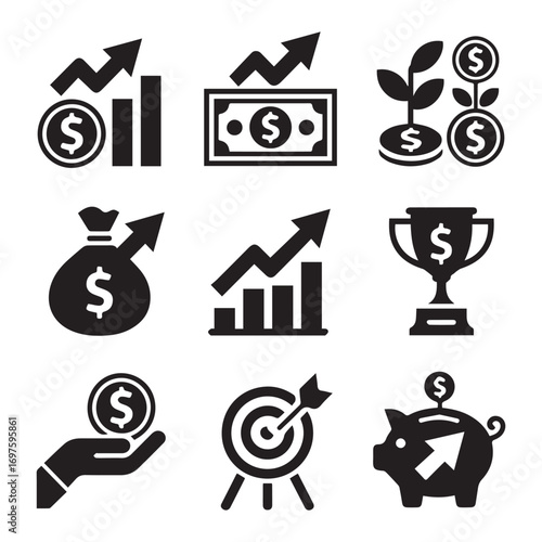 Collection of financial icons representing growth, investment, savings, and success in business and economy, isolated on white background