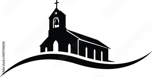 Church silhouette vector illustration, religious building icon with cross, cathedral architecture symbol, Christian faith place, chapel design, worship house, spiritual landmark logo