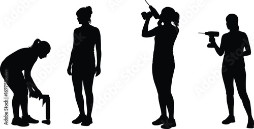 Silhouette vector illustration of women using tools, female worker holding drill, construction labor, handyman activity, repair job, engineering, professional work design