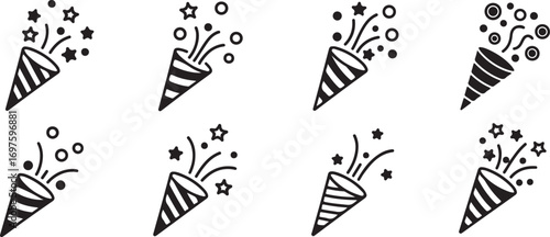 Collection of party poppers exploding with stars and confetti