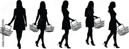 Silhouette vector illustration of women carrying shopping baskets, retail consumer lifestyle, market purchase activity, fashion shoppers walking, commerce and retail design