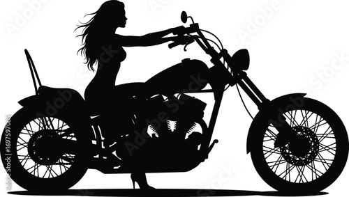 Silhouette vector illustration of woman riding motorcycle, biker girl on chopper bike, freedom lifestyle, road trip adventure, motorbike culture design