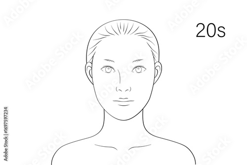 20代女性 顔アップ 美容 フェイスチャート風 モノクロ線画イラスト