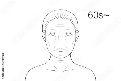 高齢女性 顔アップ 美容 フェイスチャート風 モノクロ線画イラスト
