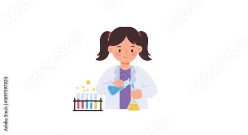 a girl with pigtails, wearing a white lab coat over a purple dress, pouring a blue liquid from one test tube into another yellow one, causing it to fizz, 