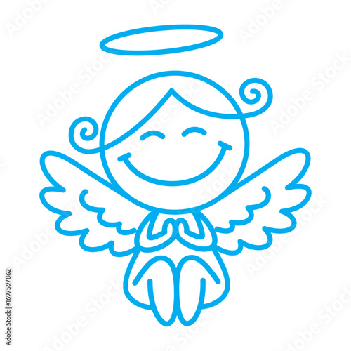 Vector cute blue border angel with a smilewith outstretched wings, clasped hands and halo. Isolated on white background