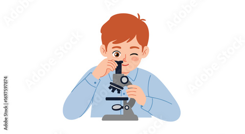 a red-haired boy, wearing a light blue button-up shirt, leaning over a toy microscope with one eye closed as he looks through the lens with curiosity, 