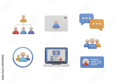 3d icon of set of 3d business icons representing teamwork, communication, and online meetings isolated on transparent background