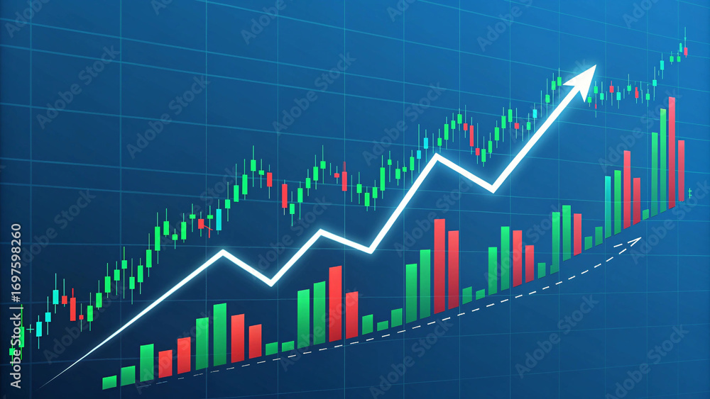 Fototapeta premium Stock Market Business Growth with Upward Trend and Candlestick Chart Financial Investment and Trading Concept with Upward Arrow on a Graph