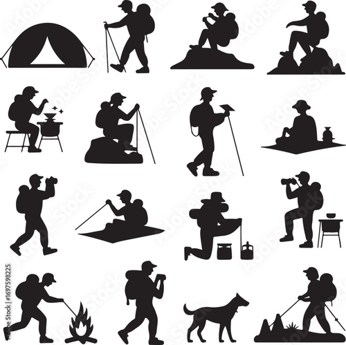 Silhouette Collection of Hiking and Camping Activities Keywords: hiking, camping, tent, backpack