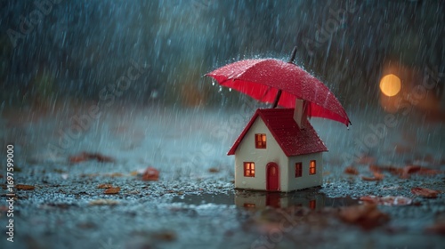 Miniature house protected by umbrella in heavy rain.