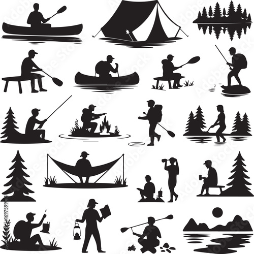 Silhouette Collection of Water Activities and Camping Scenes Keywords: kayaking, canoeing, camping