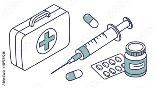Pharmacy medicine vector illustration with pills, capsules, syringe, and first aid kit in modern flat clean design