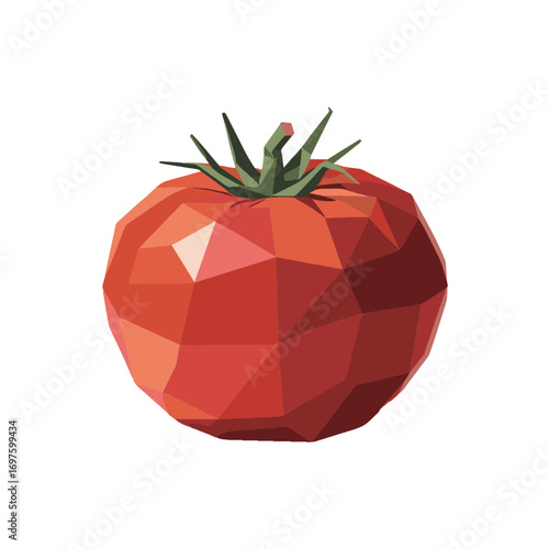 Creative polyhedral tomato with sharp angles and vibrant colors on a plain background