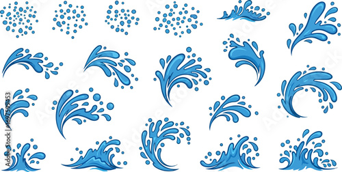 Collection of blue water splashes and drops isolated on white background