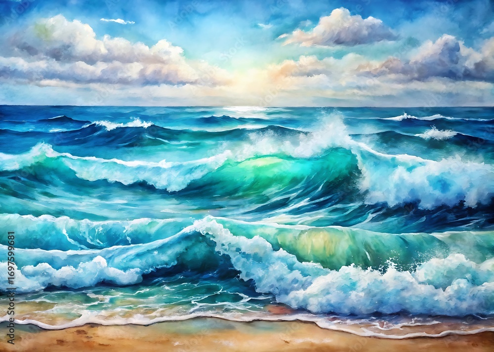 Fototapeta premium Vibrant watercolor painting of ocean waves crashing on a sandy beach under a bright sky, capturing the beauty and power of nature